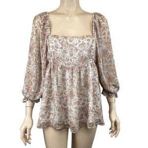 Storia Size Large Boho Paisley Print Square Neck Long Sleeve Blouse Top‎